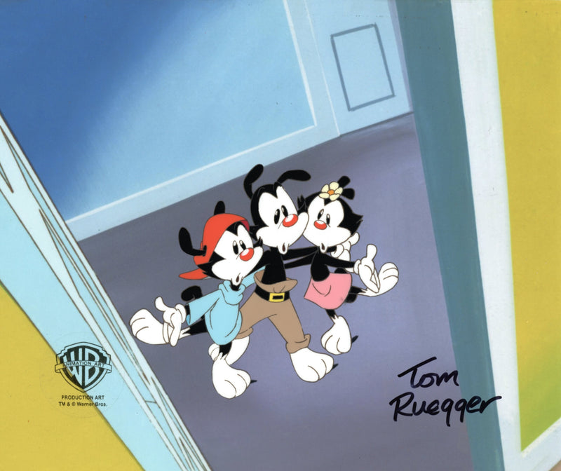 Animaniacs Original Production Cel with Matching Drawing Signed by Tom Ruegger: Yakko, Wakko, Dot