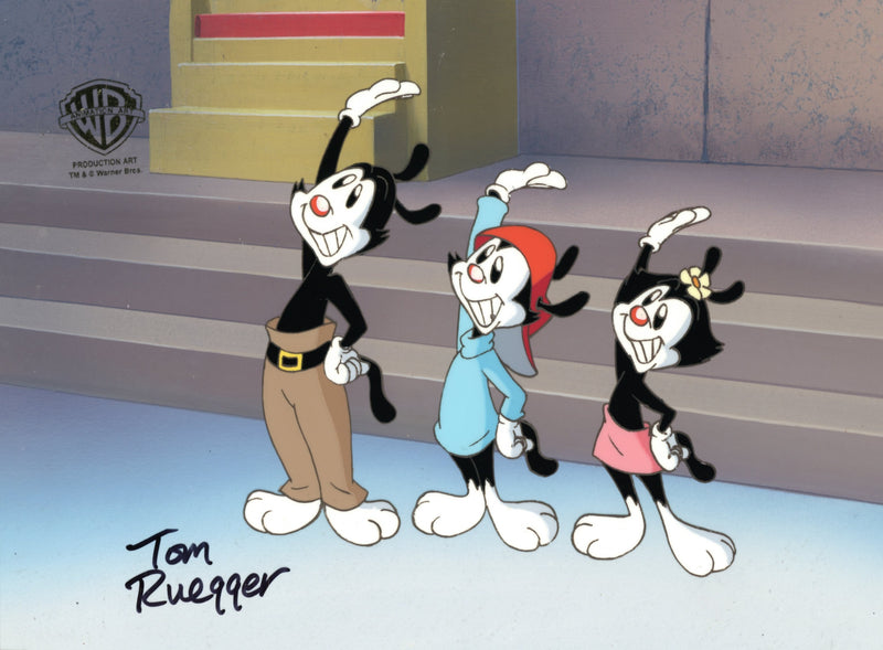 Animaniacs Original Production Cel on Original Background Signed by Tom Ruegger: Yakko, Wakko, Dot