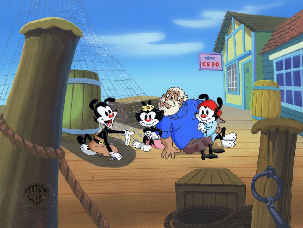 Animaniacs Original Production Cel on Original Hand-Painted Background: Yakko, Wakko, Dot, Ernest Hemingway - Choice Fine Art