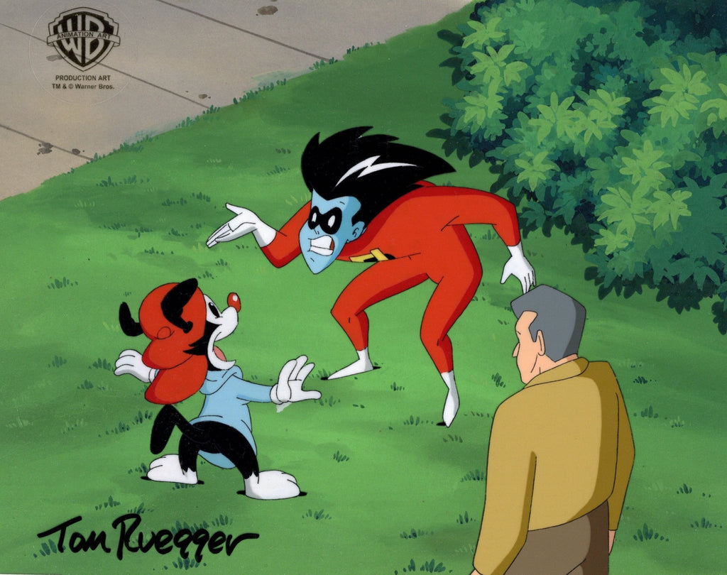 Freakazoid Original Production Cel on Original Production Background Signed by Tom Ruegger: Freakazoid and Wakko - Choice Fine Art